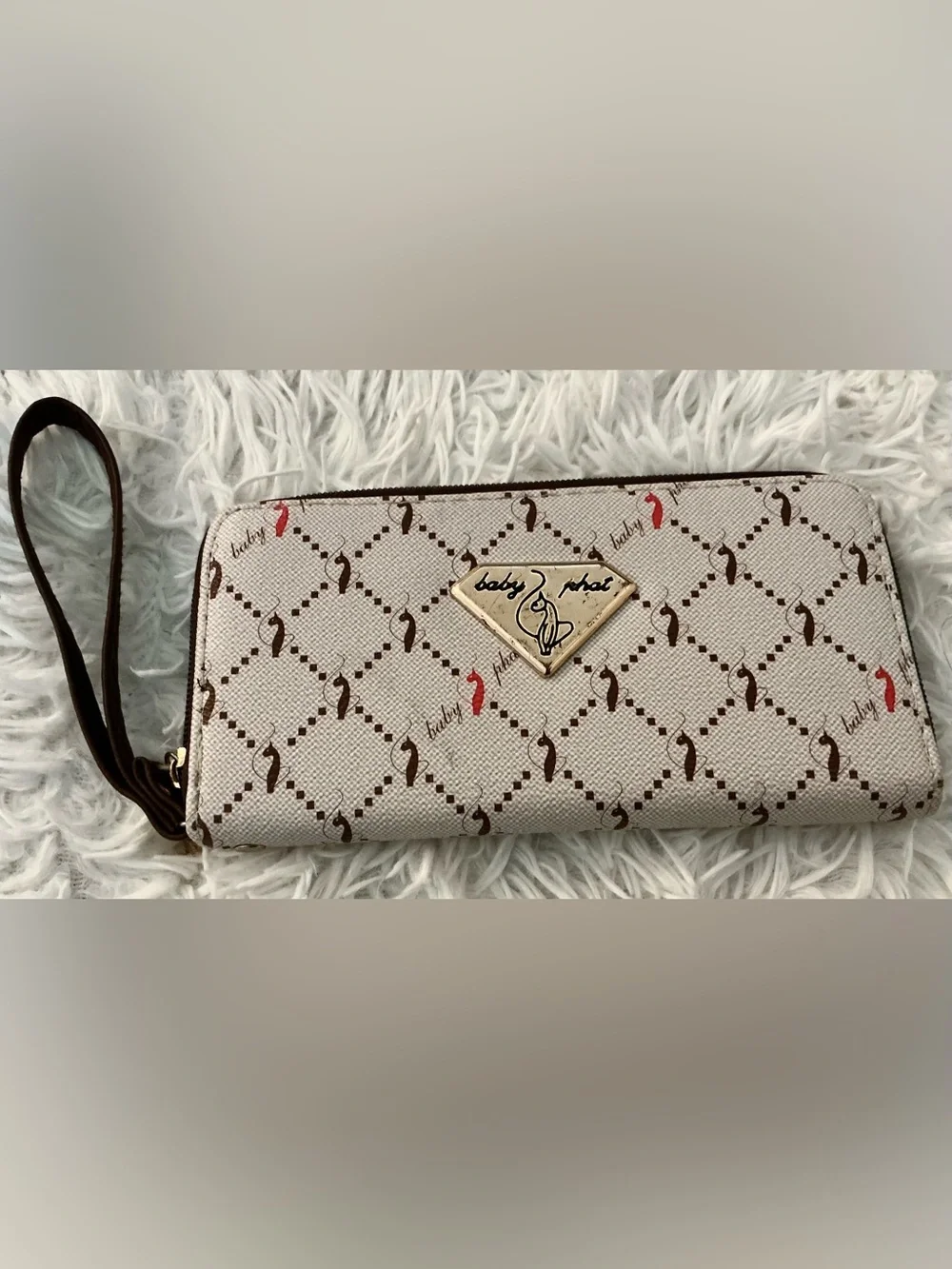 Vintage Baby Phat Y2K Monogram Cat Logo Zip Around Wristlet Wallet McBling